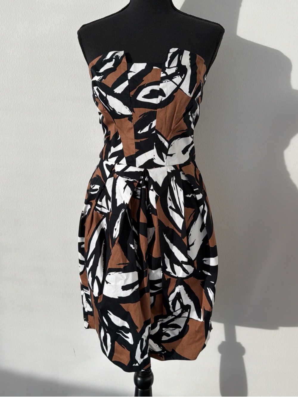 Strapless Brown Black White Printed Summer Dress